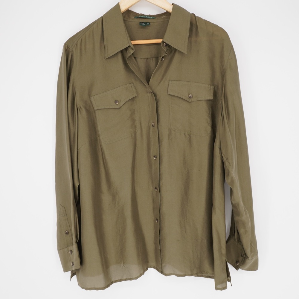 Lauren Ralph Lauren 100% Silk Blouse 14W Olive Green Classic Pockets Button Up